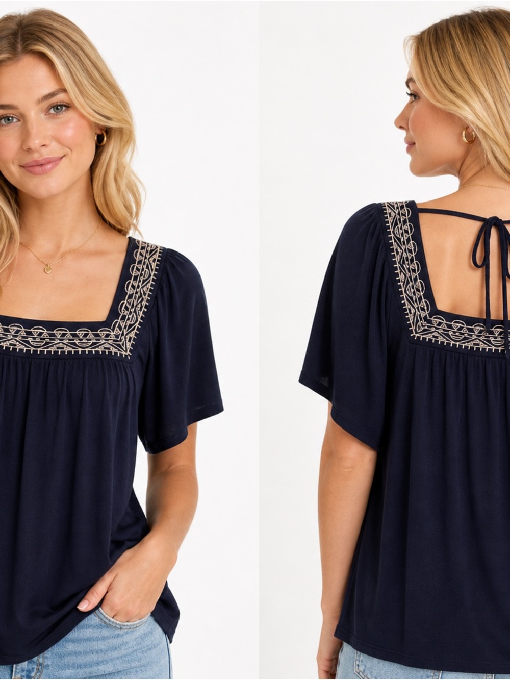 Square-Neck Embroidered Flutter Sleeve Top - Navy